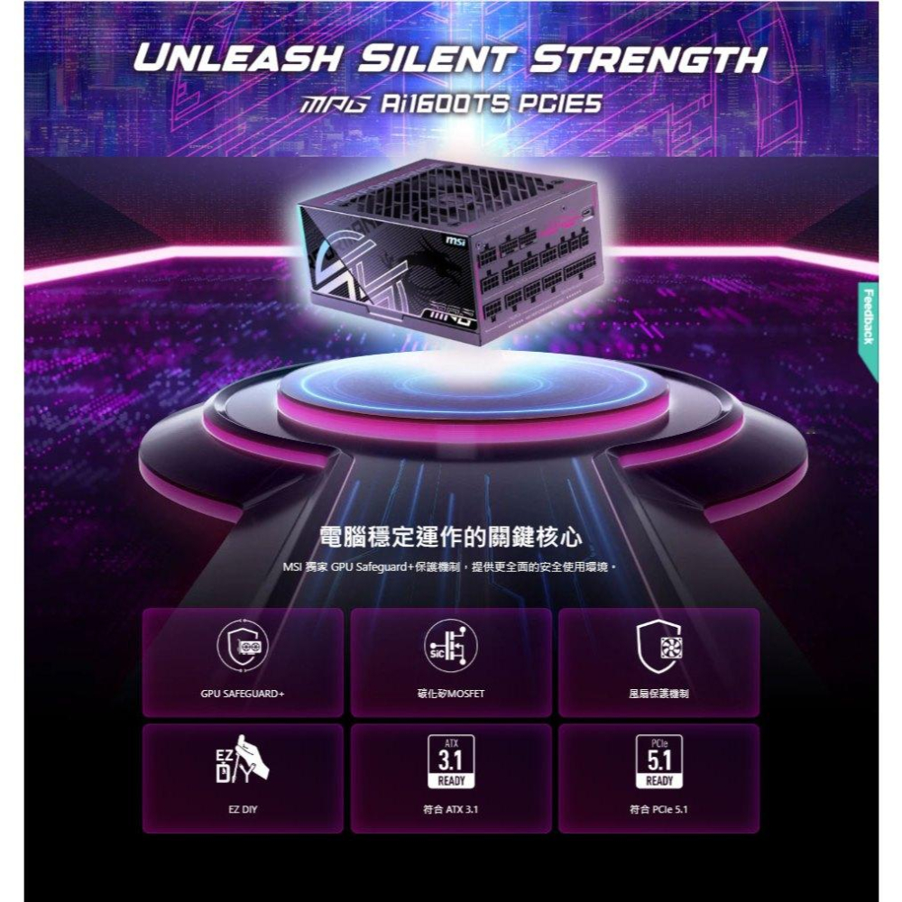 MSI 微星 MPG Ai1600TS PCIE5 1600W 鈦金牌 ATX 3.1 電源供應器 12年保 公司貨-細節圖3