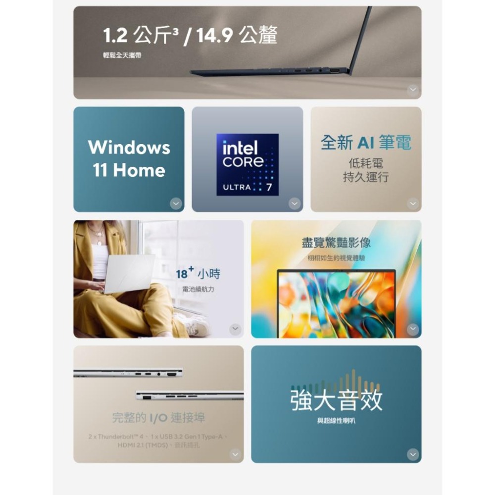 ASUS 華碩 Zenbook 14 (UX3405) UX3405CA 14吋 輕薄筆電 U7-255H／16G 光華-細節圖4