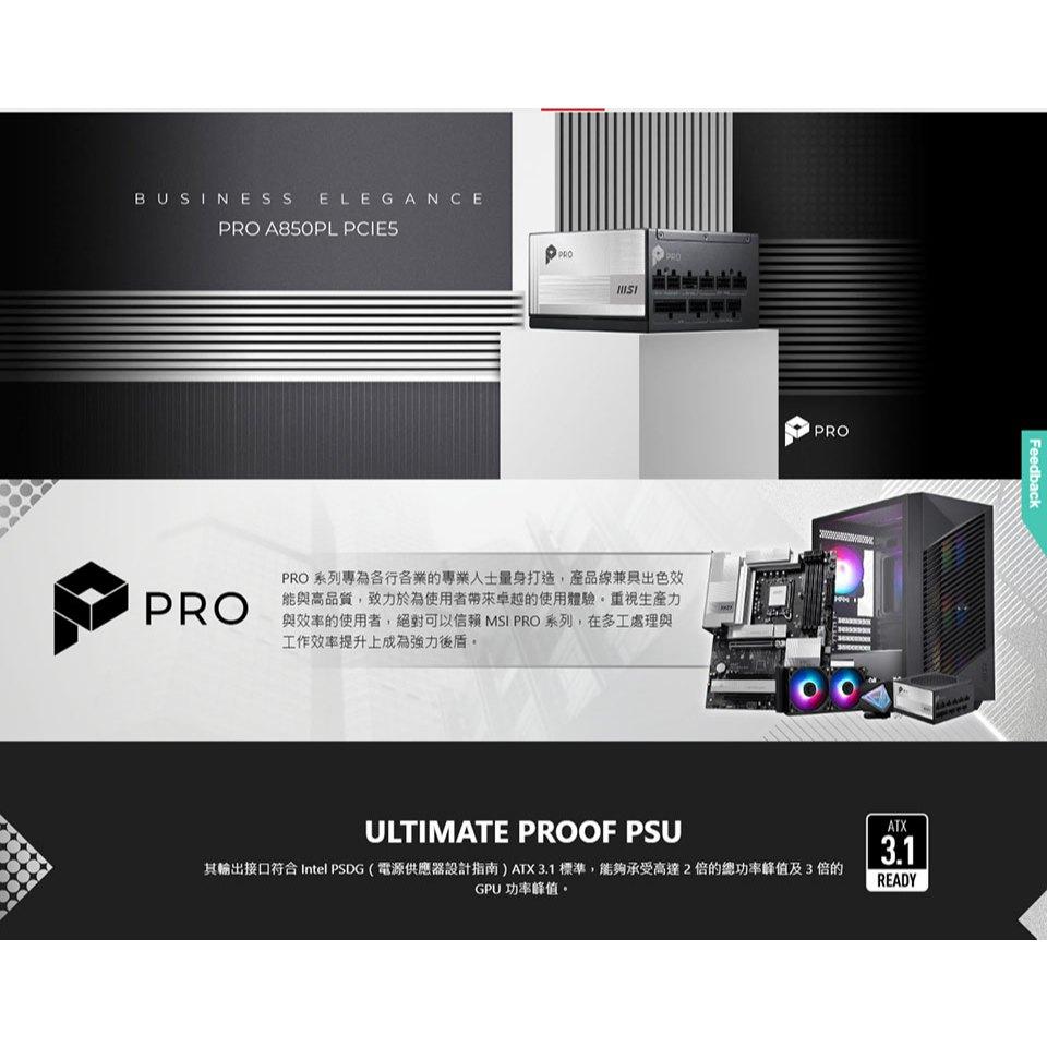 MSI 微星 PRO A850PL PCIE5 850W 白金牌 ATX 3.1 電源供應器 7年保 公司貨 光華-細節圖3