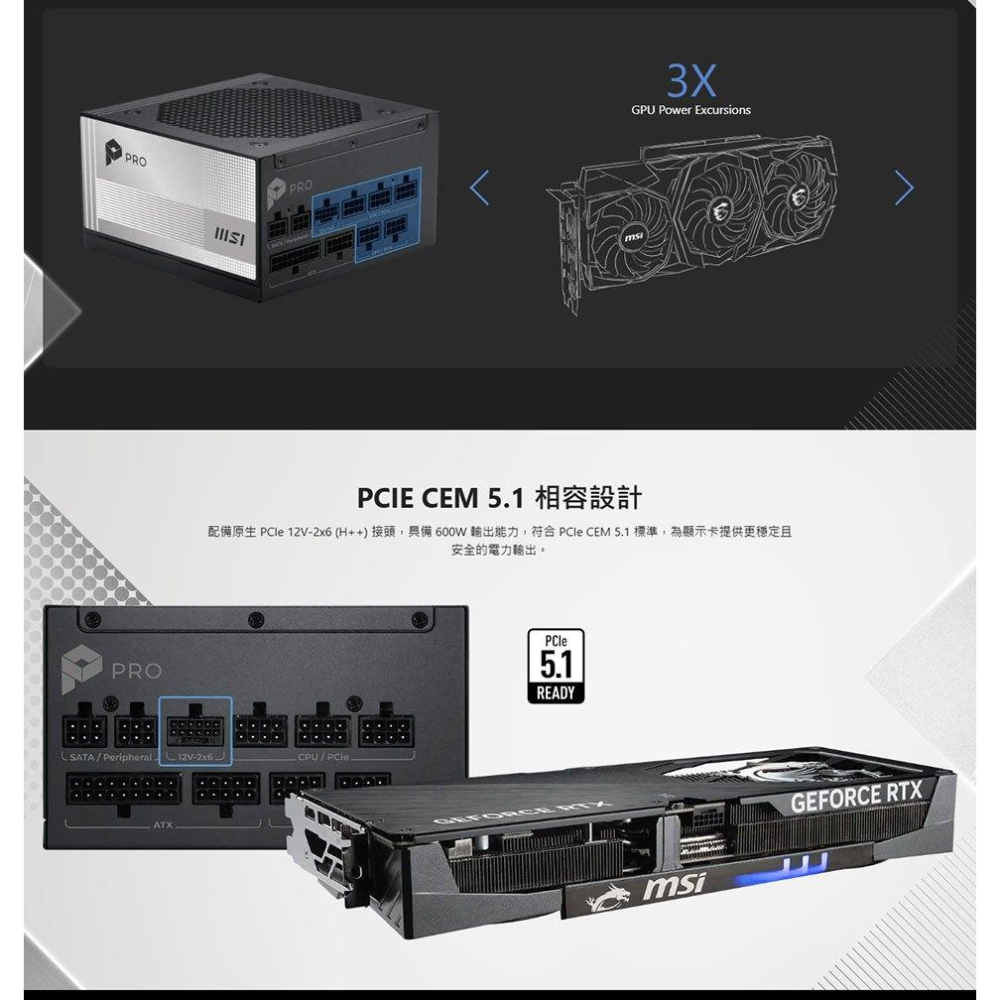 MSI 微星 PRO A850PL PCIE5 850W 白金牌 ATX 3.1 電源供應器 7年保 公司貨 光華-細節圖4