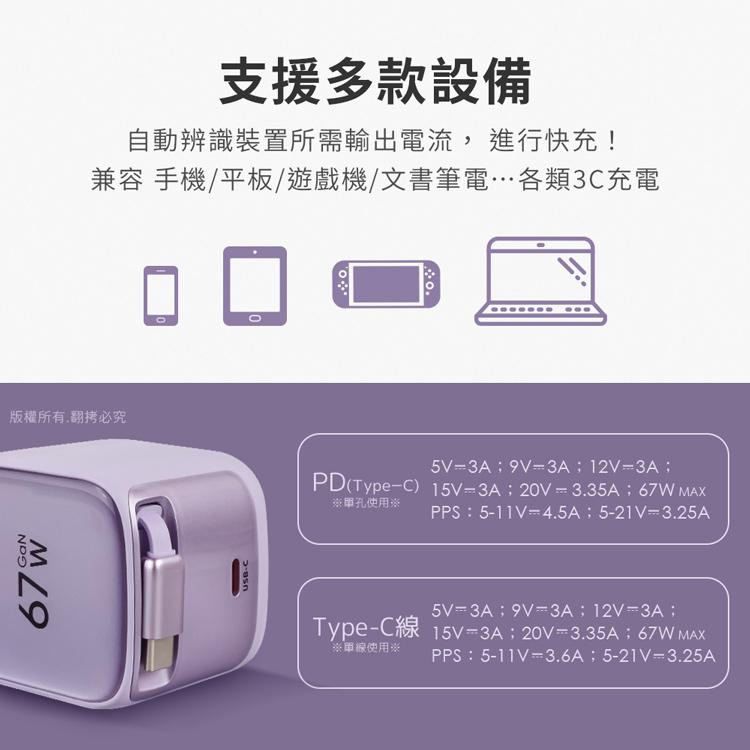 aibo 鈞嵐 CB-AC-P671 GaN 氮化鎵 67W 自帶 Type-C 伸縮線 快充充電器 充電器 光華-細節圖8