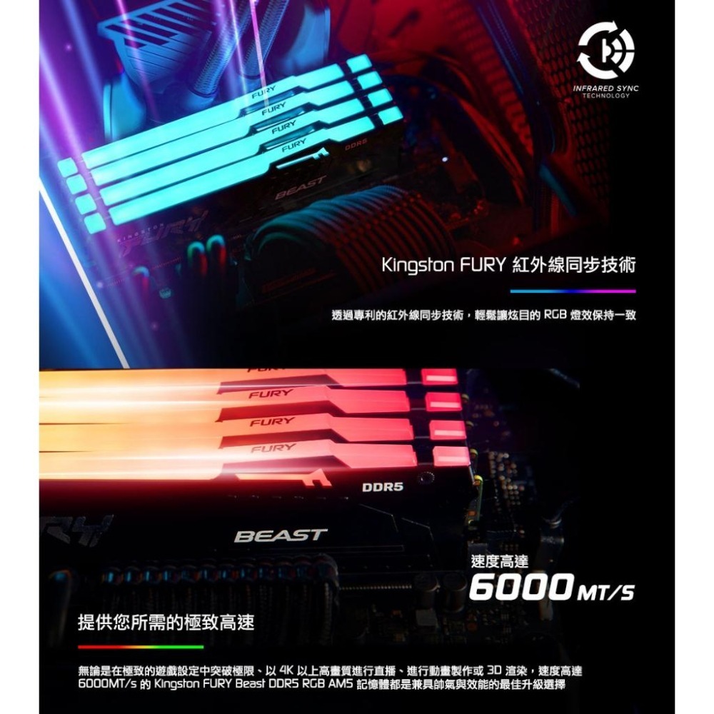 Kingston 金士頓 FURY Beast 狩獵者 DDR5 RGB 6400 64GB(32Gx2) 桌上型記憶體-細節圖6