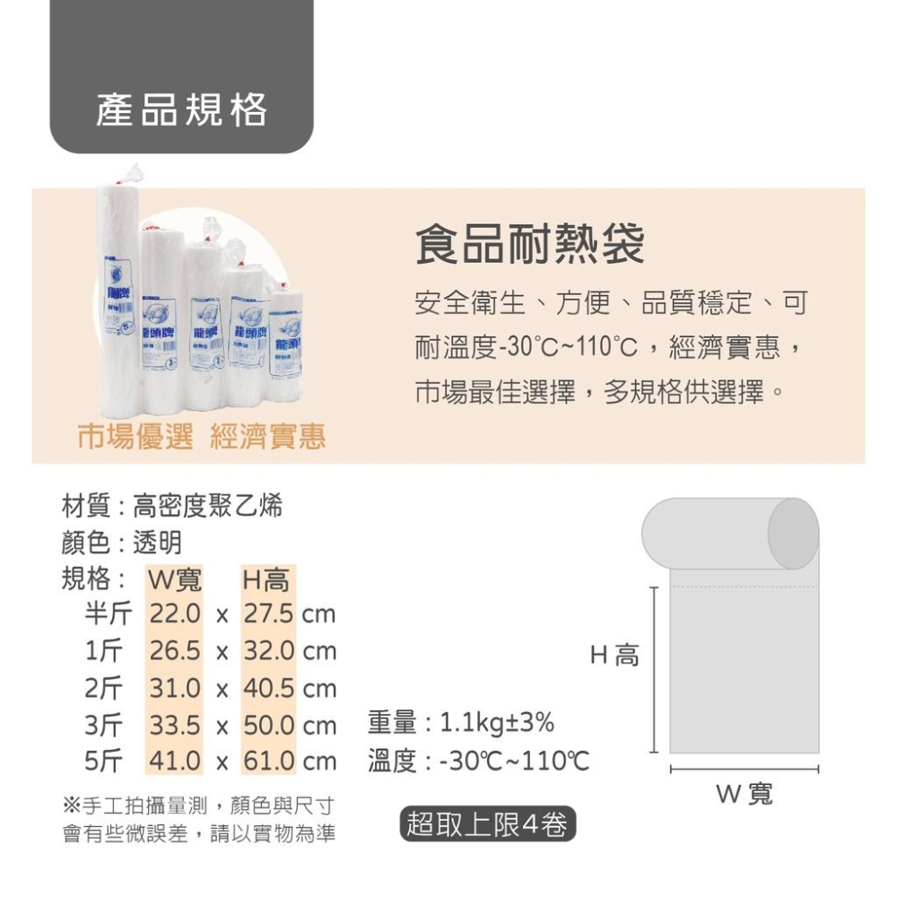 塑膠袋 PE塑膠袋 HDPE耐熱袋 霧面塑膠袋 妙潔 食品袋  食物分裝袋 卷支 平口袋 【好得包材】六兩 半斤 一斤-細節圖2