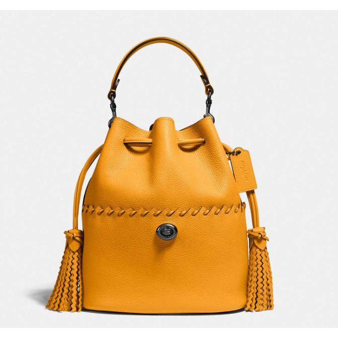 美國正貨 二手 Coach Lora Bucket 水桶包(黃色) 編織質感水桶包 手提包 肩背包-細節圖2