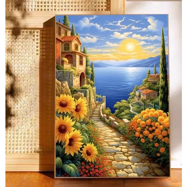 [台灣現貨含運]十字繡材料包 50*67cm 中格三股 濱海小鎮 向日葵 植物花卉  客廳新款 手工自己繡 滿繡 滿綉-細節圖2