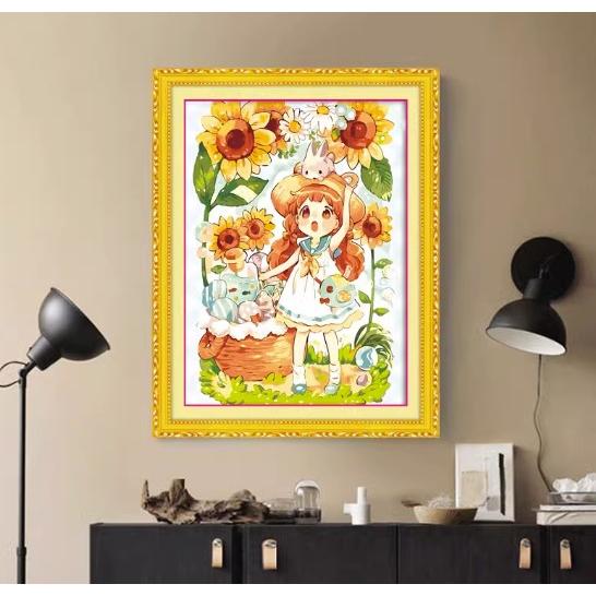 [臺灣現貨含運]十字繡材料包53*70cm中格三股 向日葵女孩 卡通 線繡 手工 滿繡 自己繡-細節圖2