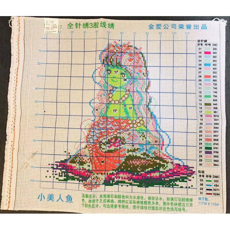 [臺灣現貨含運]十字繡材料包35*35cm 中格三股 小美人魚 DIY線繡 手工 客廳臥室 非滿繡-細節圖3