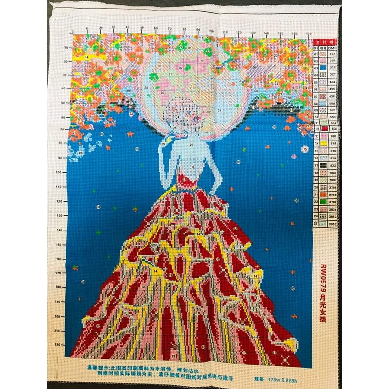 [台灣現貨含運]十字繡材料包 50*63cm 中格三股 結婚情侶 月光女孩 小幅臥室 自己繡 手工小件 滿繡-細節圖3