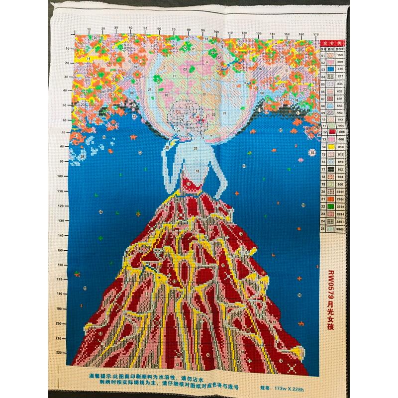 [台灣現貨含運]十字繡材料包 50*63cm 中格三股 結婚情侶 月光女孩 小幅臥室 自己繡 手工小件 滿繡-細節圖3