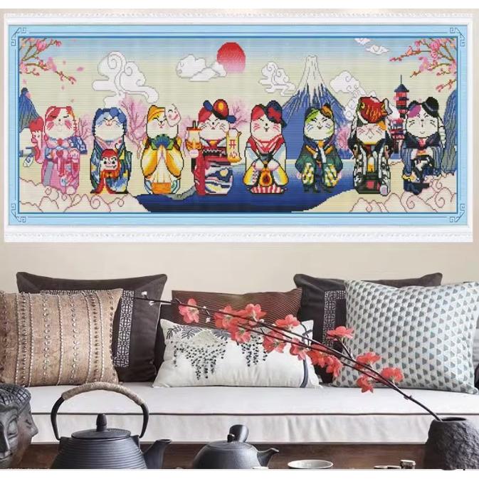 [臺灣現貨含運]十字繡材料包 120*45cm中格三股 富士山下的招財貓 客廳大幅 線繡 手工 滿繡 自己繡-細節圖2