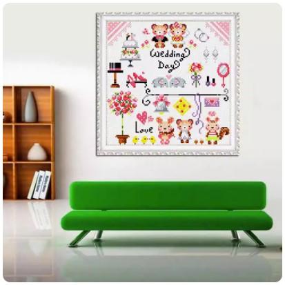 [臺灣現貨含運]十字繡材料包34*34cm中格三股 百喜圖 婚慶系列 結婚禮物送新人婚禮系列 可愛小熊婚禮 自己繡 滿繡-細節圖2