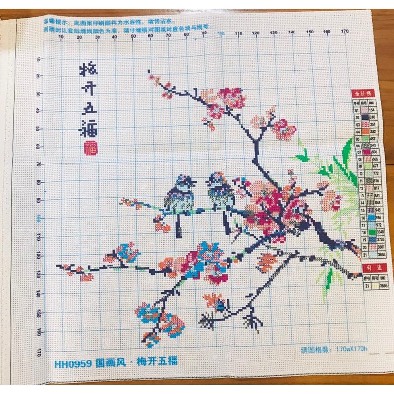 [臺灣現貨含運]十字繡材料包50*50cm中格三股 梅開五福手工刺繡 手工自己繡-細節圖4