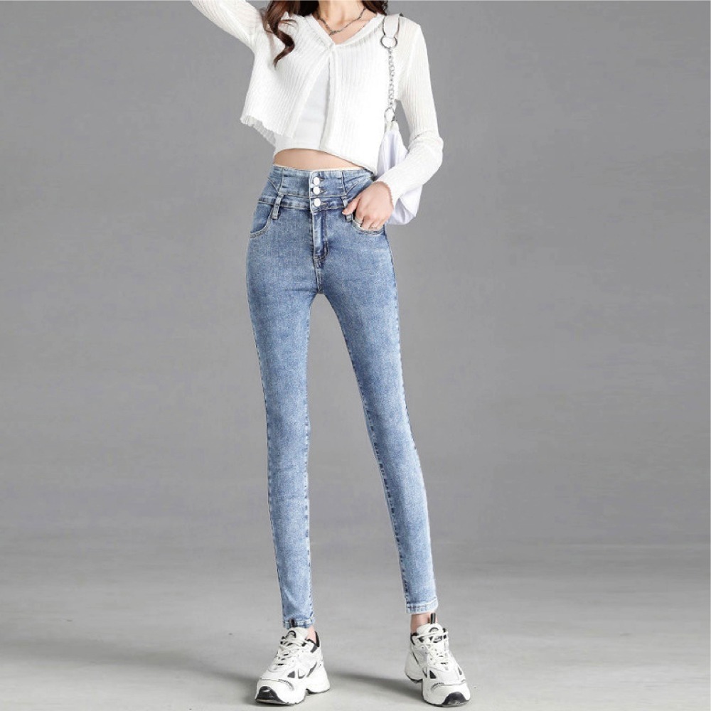 【Helena】韓版高腰三扣牛仔褲 緊身顯瘦鉛筆褲 彈力牛仔褲 修身彈性牛仔褲 褲子女【C117】-細節圖7