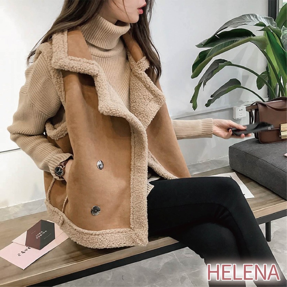 【限時購】【海麗娜】翻領羊羔毛背心 無袖背心 馬甲 麂皮絨仿皮革西裝領素色韓版寬鬆顯瘦休閒百搭開衫衣【A2110】-細節圖2