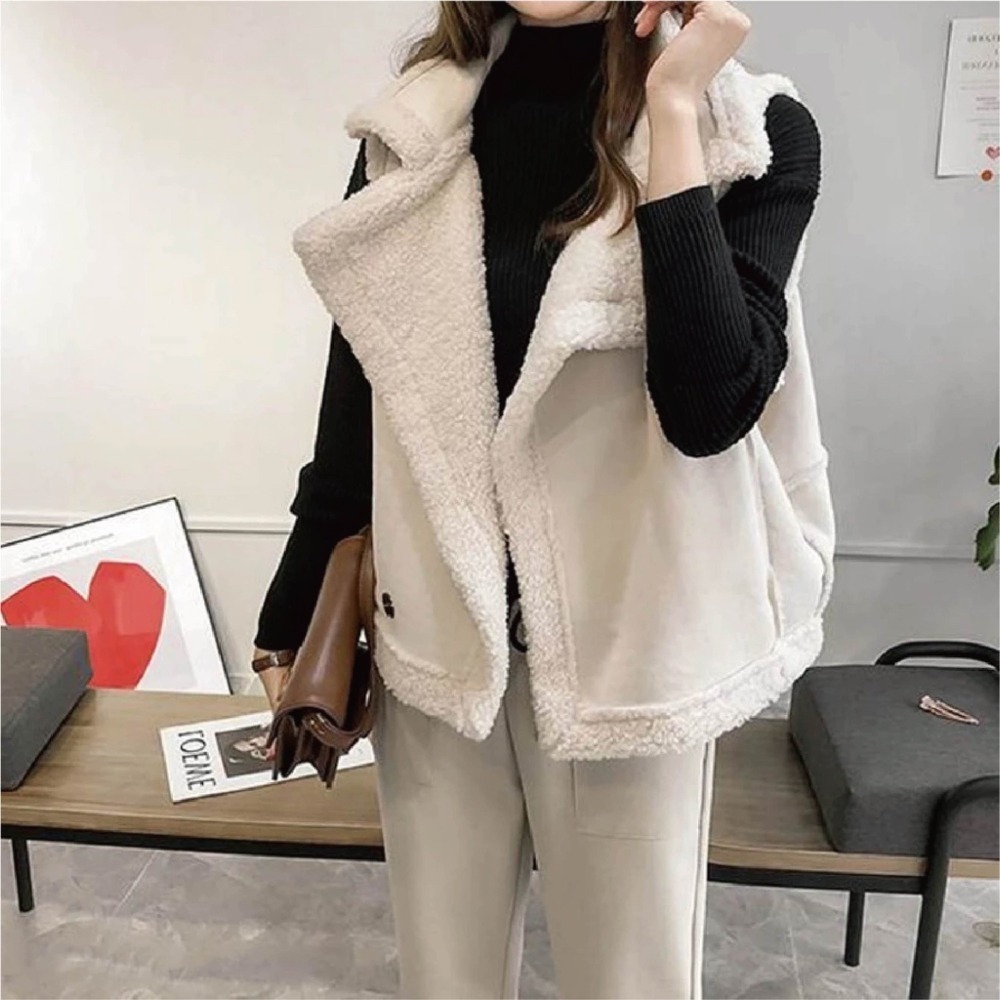 【限時購】【海麗娜】翻領羊羔毛背心 無袖背心 馬甲 麂皮絨仿皮革西裝領素色韓版寬鬆顯瘦休閒百搭開衫衣【A2110】-細節圖6