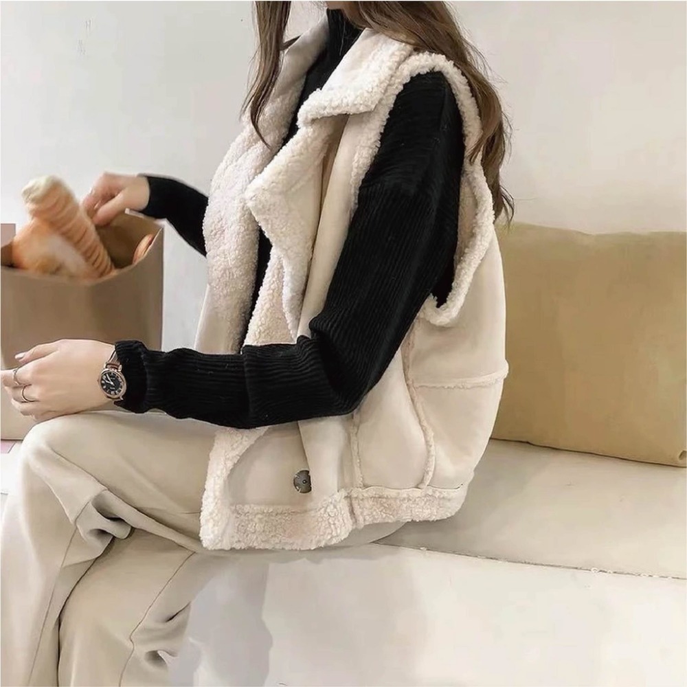 【限時購】【海麗娜】翻領羊羔毛背心 無袖背心 馬甲 麂皮絨仿皮革西裝領素色韓版寬鬆顯瘦休閒百搭開衫衣【A2110】-規格圖9