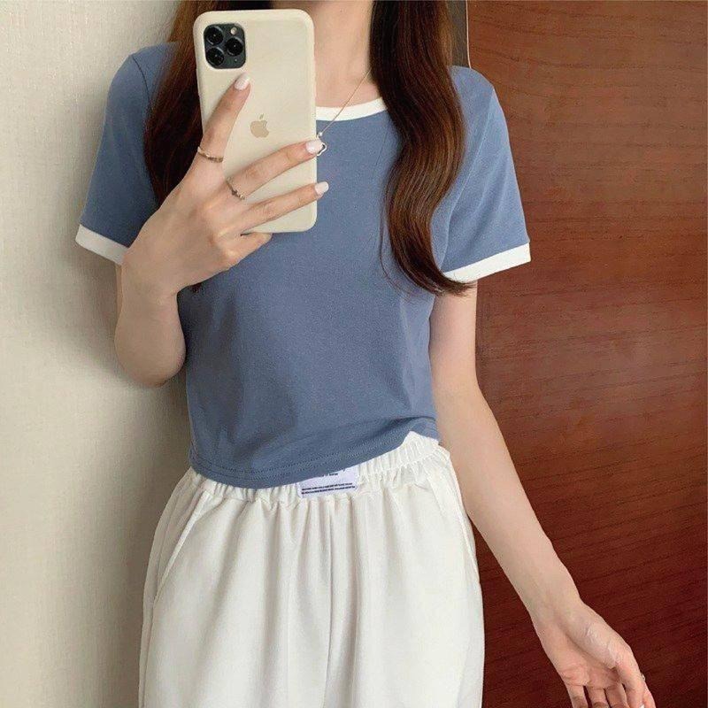 【Helena】韓版設計感拼接色短版上衣  圓領上衣 短袖T恤 短袖上衣 顯瘦上衣 撞色款 短板上衣【A1106】-細節圖8