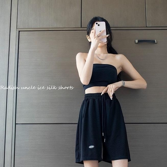 【Helena】垂順冰絲五分運動短褲 鬆緊褲頭 大碼中褲直筒顯瘦休閒闊腿薄款透氣排汗寬鬆高腰冰絲褲【C125】-細節圖3