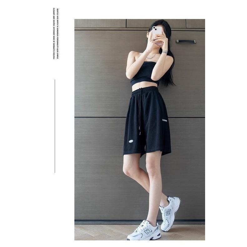 【Helena】垂順冰絲五分運動短褲 鬆緊褲頭 大碼中褲直筒顯瘦休閒闊腿薄款透氣排汗寬鬆高腰冰絲褲【C125】-細節圖4