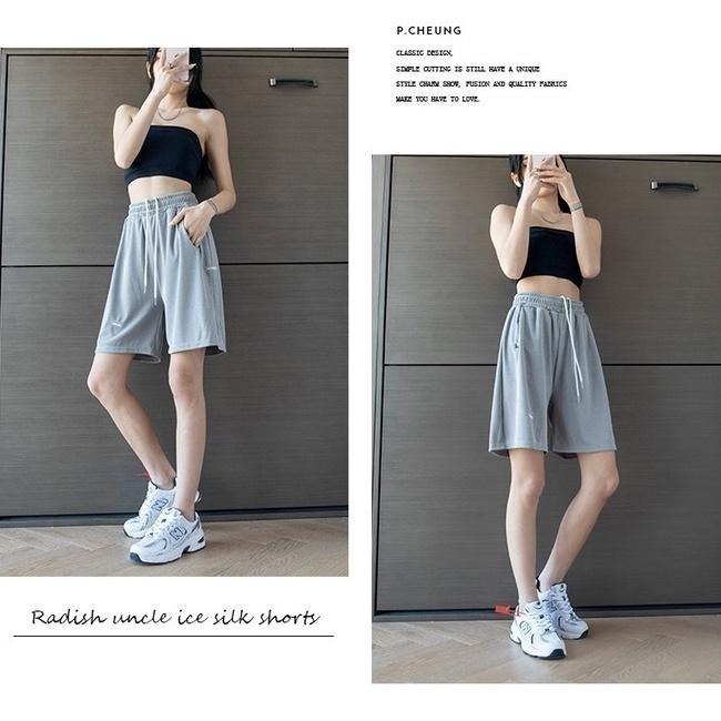 【Helena】垂順冰絲五分運動短褲 鬆緊褲頭 大碼中褲直筒顯瘦休閒闊腿薄款透氣排汗寬鬆高腰冰絲褲【C125】-細節圖5