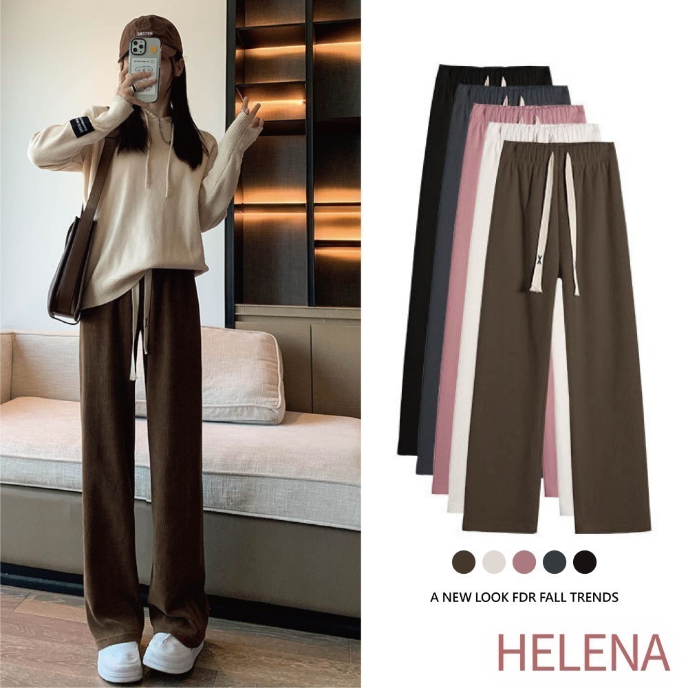 【限時購】【海麗娜】燈芯絨落地闊腿褲 高腰直筒褲 拖地褲 秋冬韓版休閒窄版雪尼爾親膚百搭修身顯瘦長褲【C1116】-細節圖2