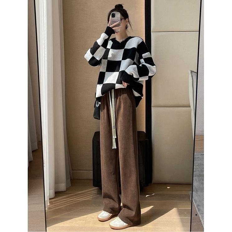 【限時購】【海麗娜】燈芯絨落地闊腿褲 高腰直筒褲 拖地褲 秋冬韓版休閒窄版雪尼爾親膚百搭修身顯瘦長褲【C1116】-細節圖7