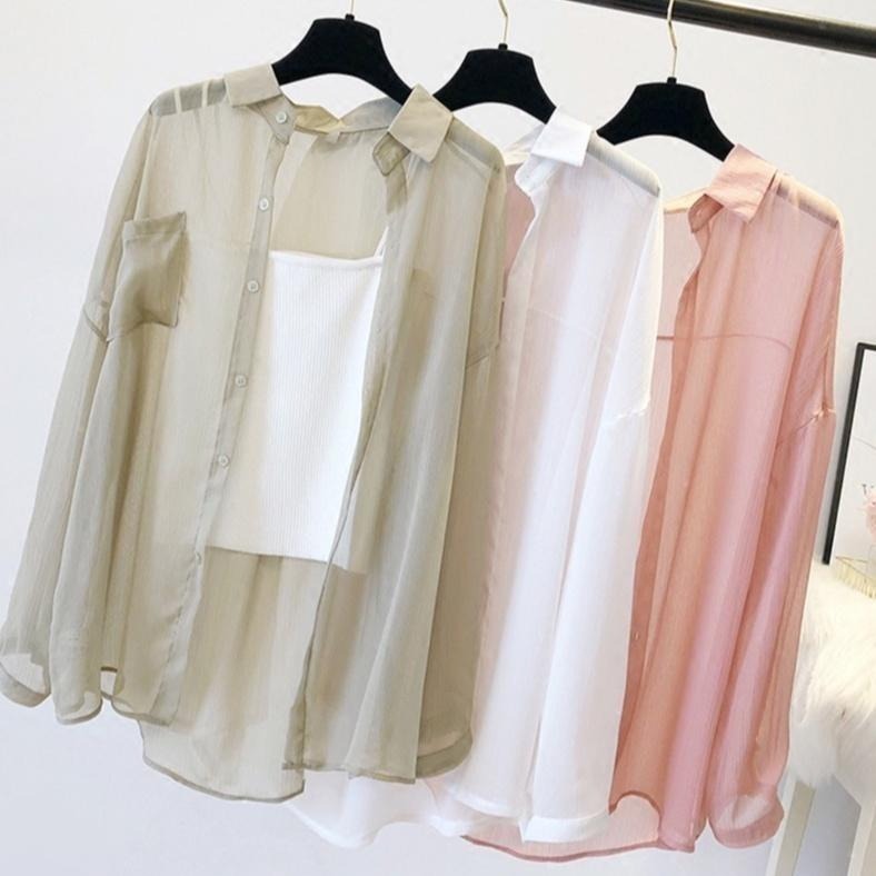 【Helena】韓版薄襯衫 落肩寬鬆襯衫 素色襯衫 雪紡襯衫 防曬襯衫 外搭襯衫 女裝【A132】-細節圖4
