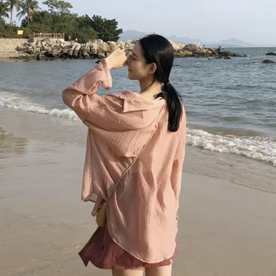 【Helena】韓版薄襯衫 落肩寬鬆襯衫 素色襯衫 雪紡襯衫 防曬襯衫 外搭襯衫 女裝【A132】-細節圖8