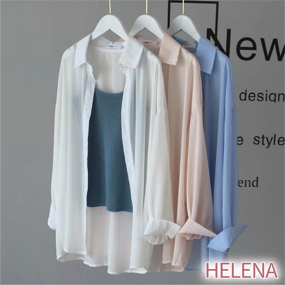 【限時購【海麗娜】落肩寬鬆襯衫 韓版薄襯衫 素色襯衫 垂感不皺透氣百搭防曬外搭氣質雪紡薄襯衫 薄外套【A176】-細節圖2