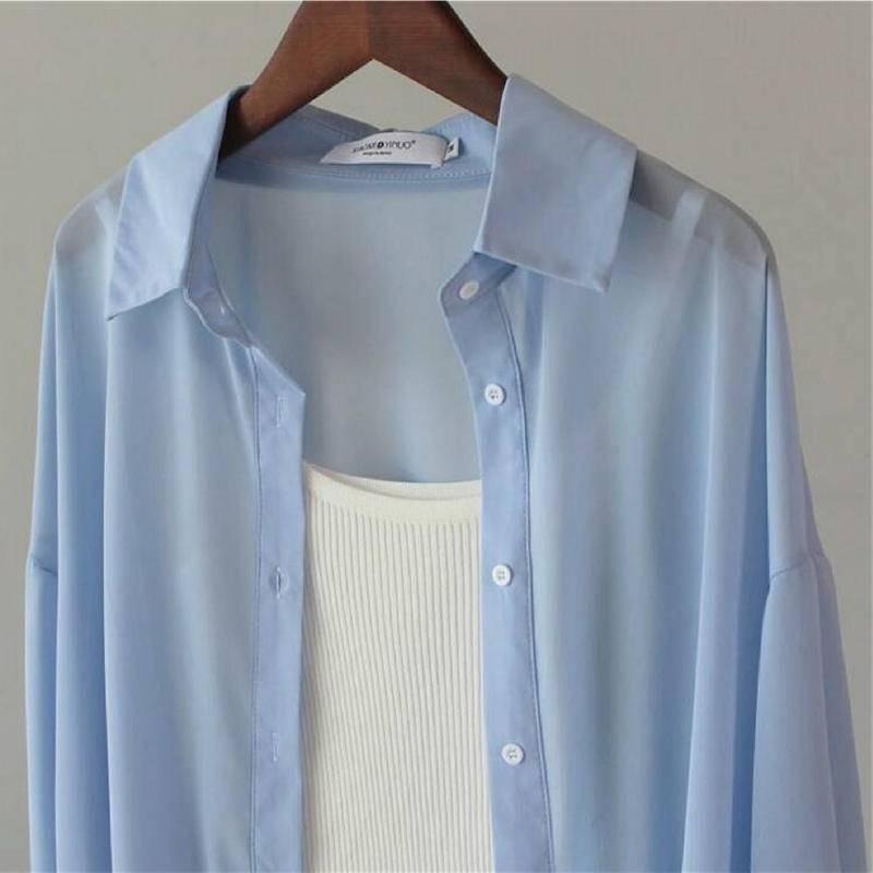 【限時購【海麗娜】落肩寬鬆襯衫 韓版薄襯衫 素色襯衫 垂感不皺透氣百搭防曬外搭氣質雪紡薄襯衫 薄外套【A176】-細節圖4