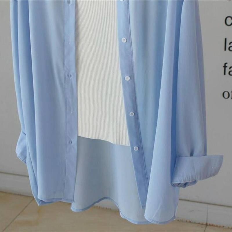 【限時購【海麗娜】落肩寬鬆襯衫 韓版薄襯衫 素色襯衫 垂感不皺透氣百搭防曬外搭氣質雪紡薄襯衫 薄外套【A176】-細節圖5