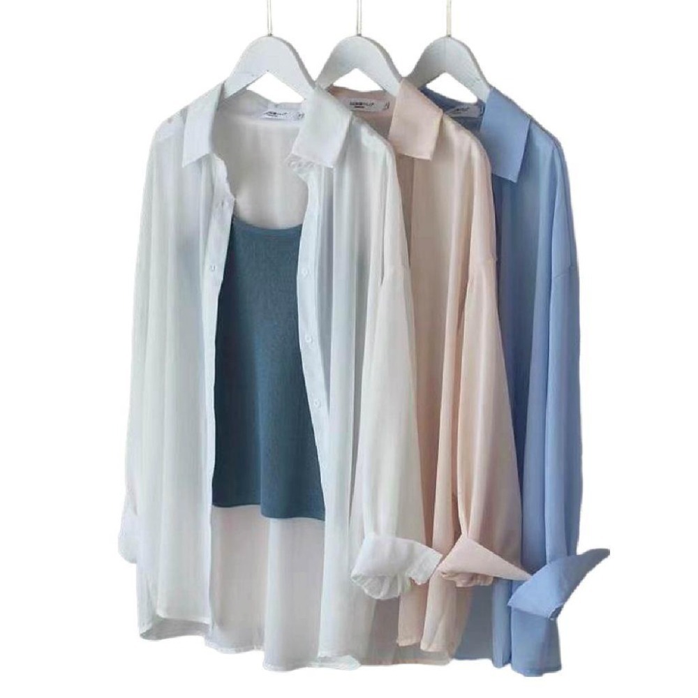 【限時購【海麗娜】落肩寬鬆襯衫 韓版薄襯衫 素色襯衫 垂感不皺透氣百搭防曬外搭氣質雪紡薄襯衫 薄外套【A176】-細節圖8