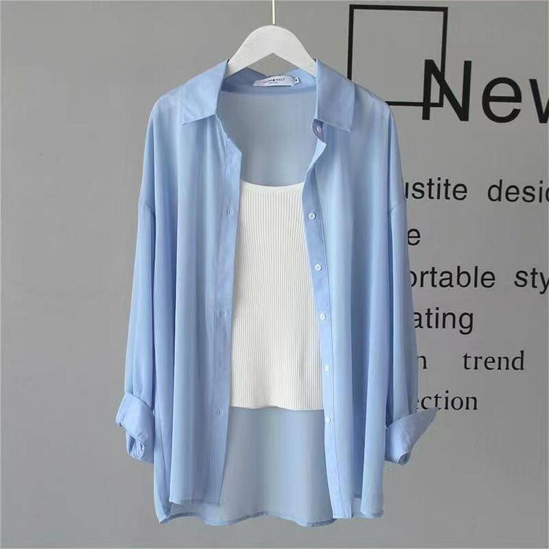 【限時購【海麗娜】落肩寬鬆襯衫 韓版薄襯衫 素色襯衫 垂感不皺透氣百搭防曬外搭氣質雪紡薄襯衫 薄外套【A176】-規格圖9