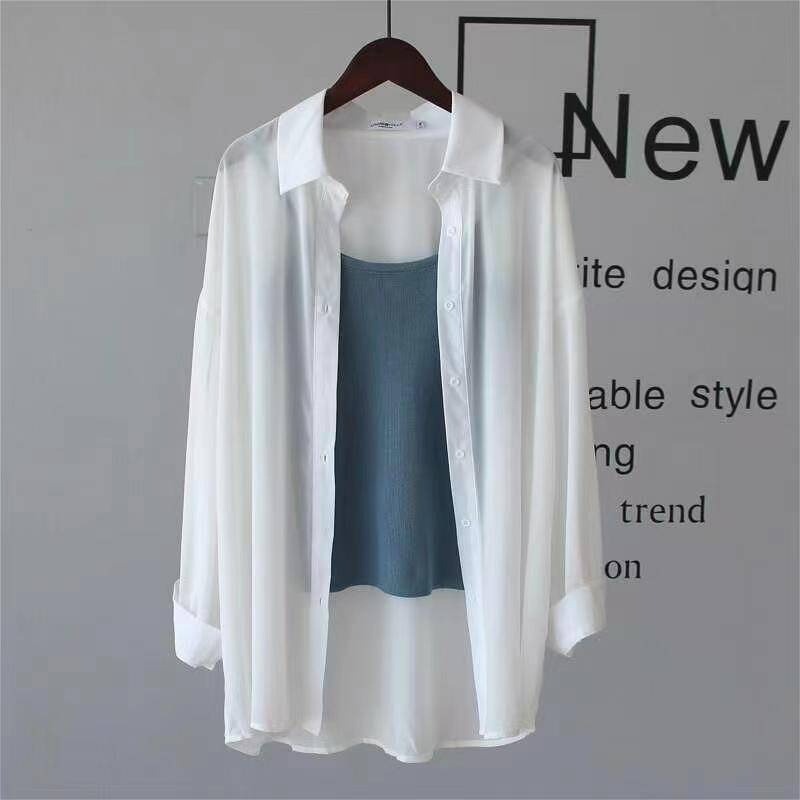 【限時購【海麗娜】落肩寬鬆襯衫 韓版薄襯衫 素色襯衫 垂感不皺透氣百搭防曬外搭氣質雪紡薄襯衫 薄外套【A176】-規格圖9