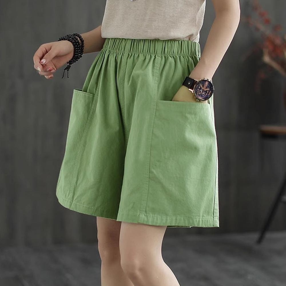 【海麗娜】日系純棉短褲 闊腿短褲 中大尺碼短褲 寬鬆顯瘦A字百搭運動透氣吸汗口袋休閒短褲 褲子女【C1106】-細節圖2