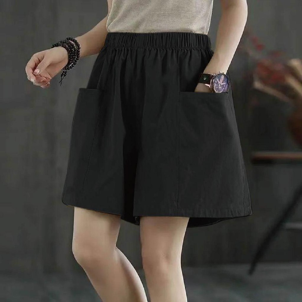 【海麗娜】日系純棉短褲 闊腿短褲 中大尺碼短褲 寬鬆顯瘦A字百搭運動透氣吸汗口袋休閒短褲 褲子女【C1106】-細節圖3