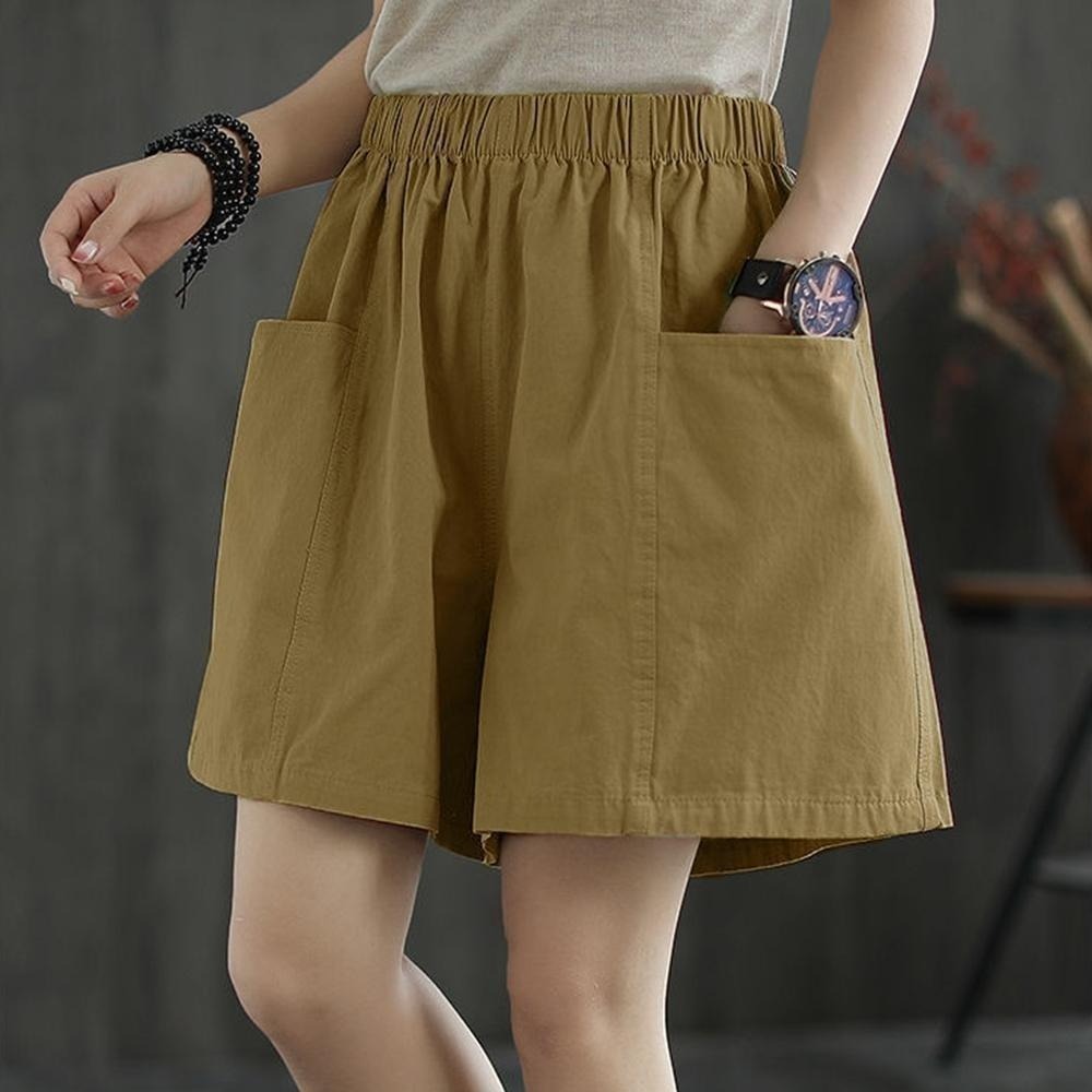 【海麗娜】日系純棉短褲 闊腿短褲 中大尺碼短褲 寬鬆顯瘦A字百搭運動透氣吸汗口袋休閒短褲 褲子女【C1106】-細節圖4