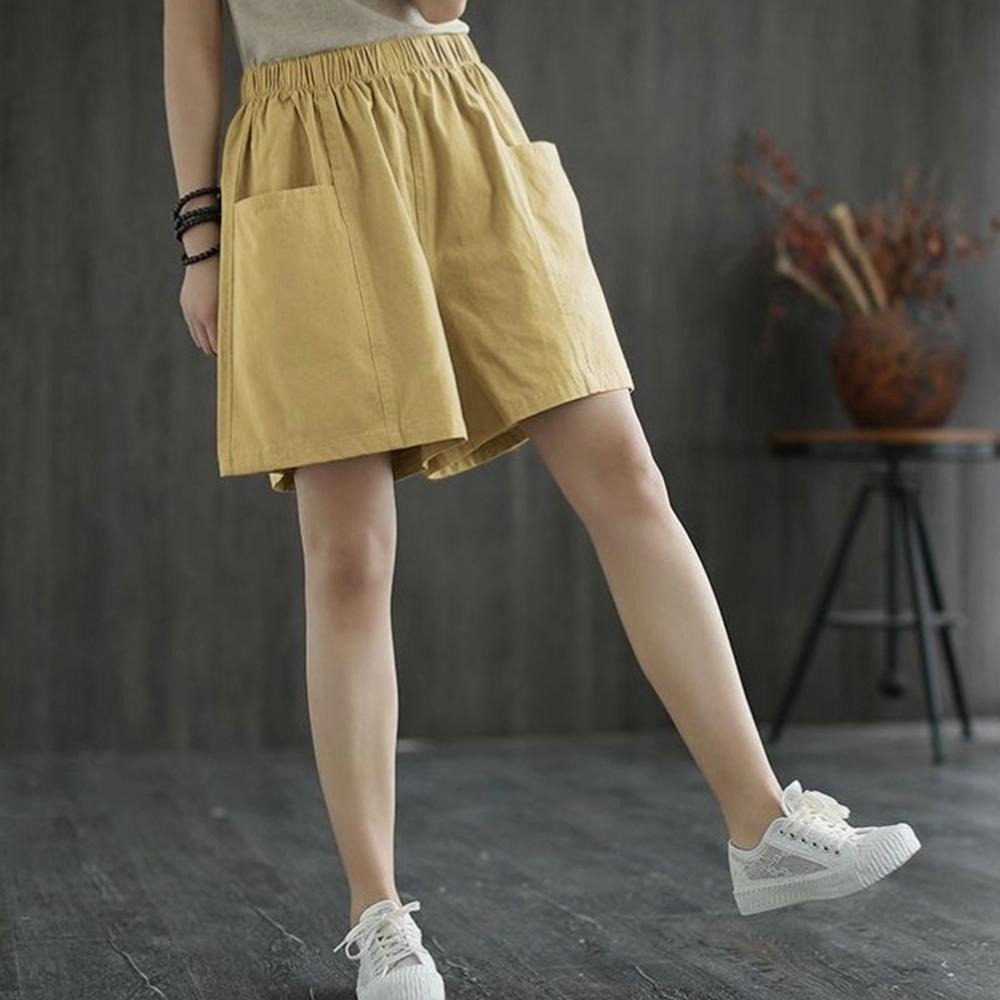 【海麗娜】日系純棉短褲 闊腿短褲 中大尺碼短褲 寬鬆顯瘦A字百搭運動透氣吸汗口袋休閒短褲 褲子女【C1106】-細節圖7