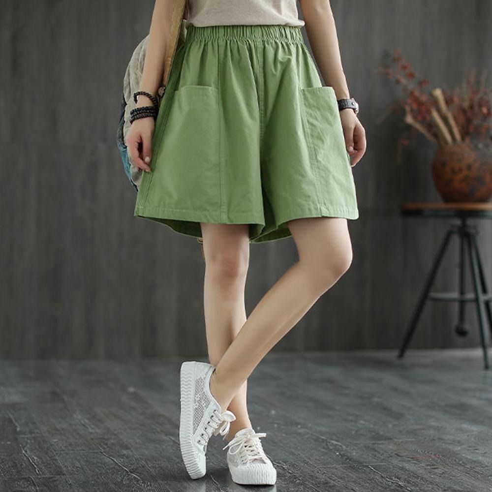 【海麗娜】日系純棉短褲 闊腿短褲 中大尺碼短褲 寬鬆顯瘦A字百搭運動透氣吸汗口袋休閒短褲 褲子女【C1106】-細節圖8