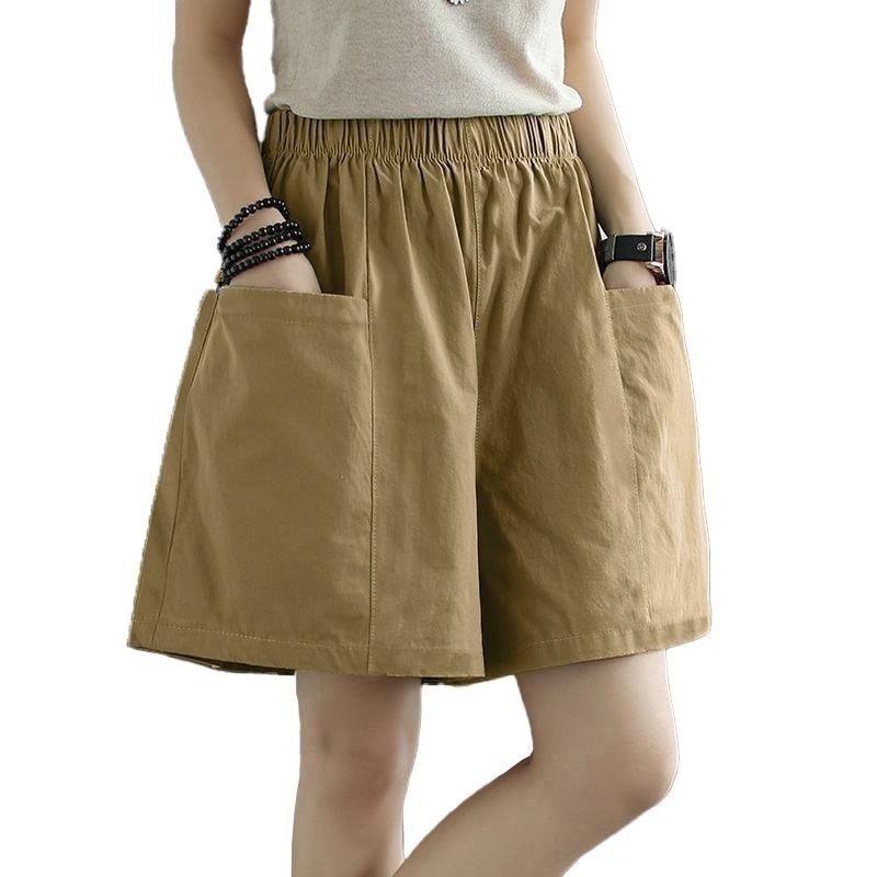 【海麗娜】日系純棉短褲 闊腿短褲 中大尺碼短褲 寬鬆顯瘦A字百搭運動透氣吸汗口袋休閒短褲 褲子女【C1106】-細節圖9