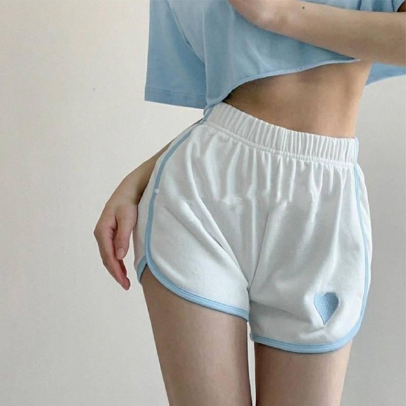 【海麗娜】愛心刺繡運動短褲 真理褲 A字褲 闊腿褲 三分褲 韓版高腰寬鬆顯瘦百搭居家休閒褲 短褲女【C1182】-細節圖2