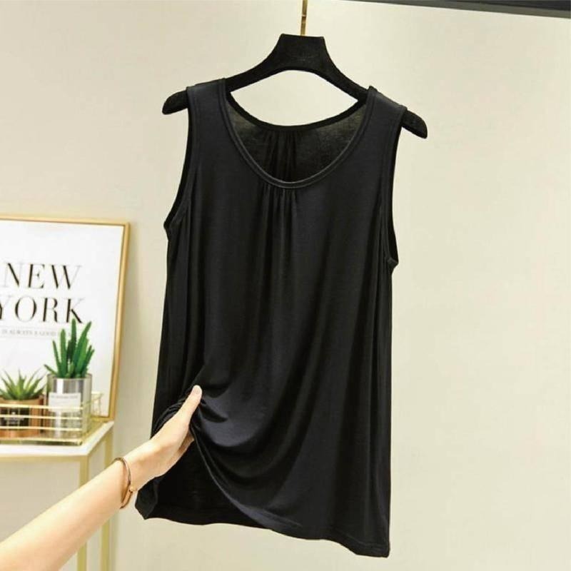 【Helena】莫代爾背心 寬肩背心 冰絲涼感無袖上衣 圓領寬鬆顯瘦大尺碼休閒吊帶婆婆媽媽打底衫 背心女【A1143】-細節圖4