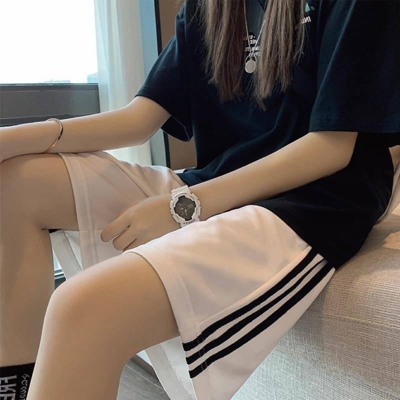 【Helena】運動褲 直筒褲 五分褲 闊腿褲 三杠短褲 純色薄款寬鬆百搭休閒短褲 褲子女【C1214】-細節圖2