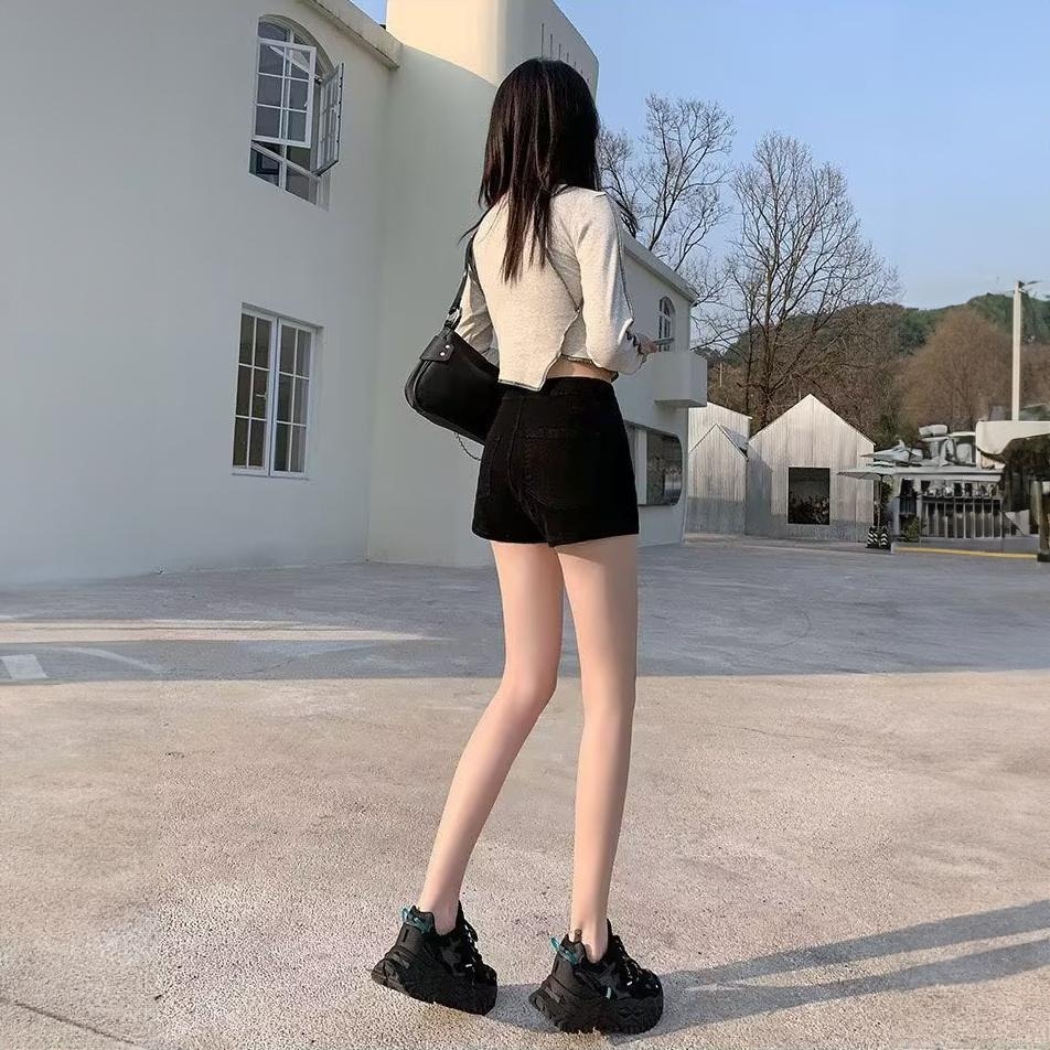 【海麗娜】包臀緊身牛仔短褲 高腰棉質牛仔褲 休閒褲 熱褲 三分顯瘦修身百搭彈力黑色短褲 褲子女【C1200】-細節圖8
