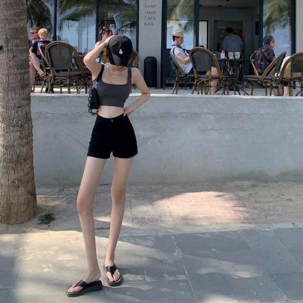 【海麗娜】包臀緊身牛仔短褲 高腰棉質牛仔褲 休閒褲 熱褲 三分顯瘦修身百搭彈力黑色短褲 褲子女【C1200】-細節圖9