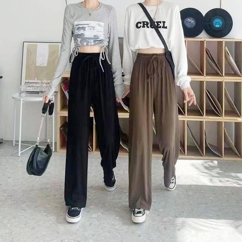 【Helena】冰絲高腰寬褲 薄款鬆緊腰闊腿褲 大尺碼垂墜感顯瘦直筒寬鬆涼感繫帶韓版休閒褲 長褲女【C1208】-細節圖2