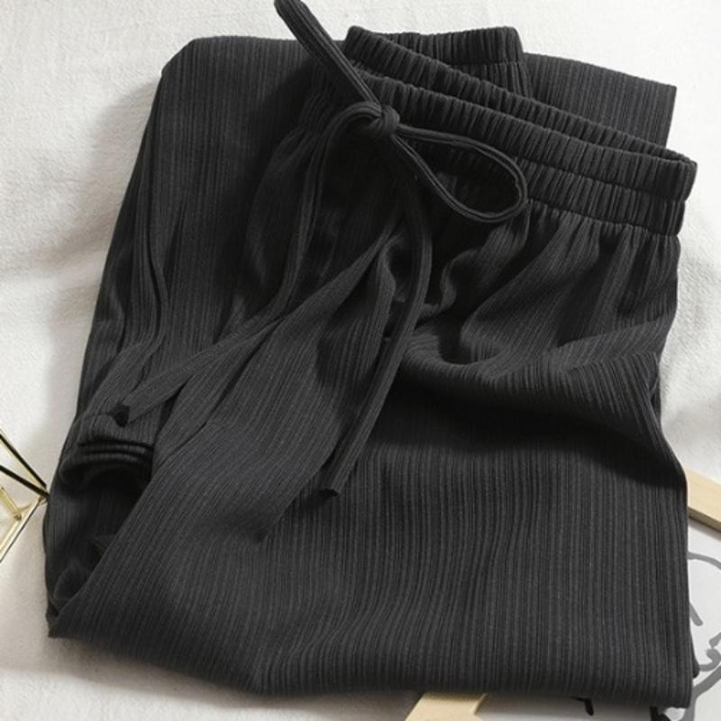 【Helena】冰絲高腰寬褲 薄款鬆緊腰闊腿褲 大尺碼垂墜感顯瘦直筒寬鬆涼感繫帶韓版休閒褲 長褲女【C1208】-細節圖6