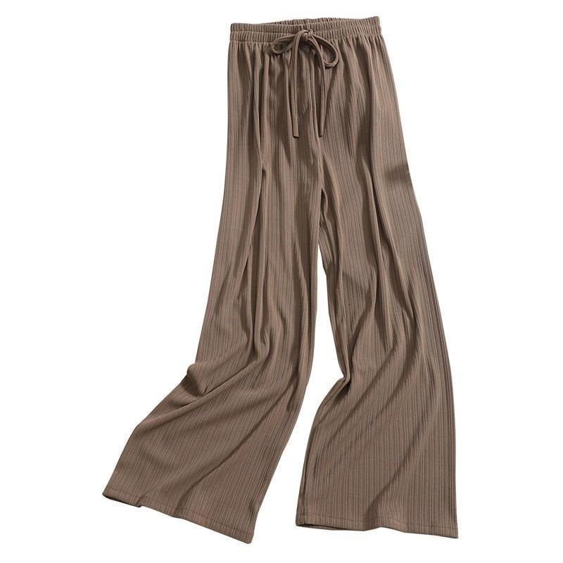 【Helena】冰絲高腰寬褲 薄款鬆緊腰闊腿褲 大尺碼垂墜感顯瘦直筒寬鬆涼感繫帶韓版休閒褲 長褲女【C1208】-細節圖9