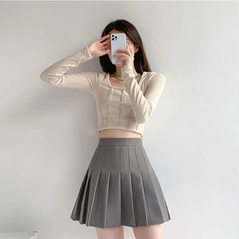 【Helena】高腰抗皺百褶短裙 顯瘦A字短裙 內有安全褲 韓版防走光百搭多碼質感半身裙  裙子女 女裝【C155】-細節圖2