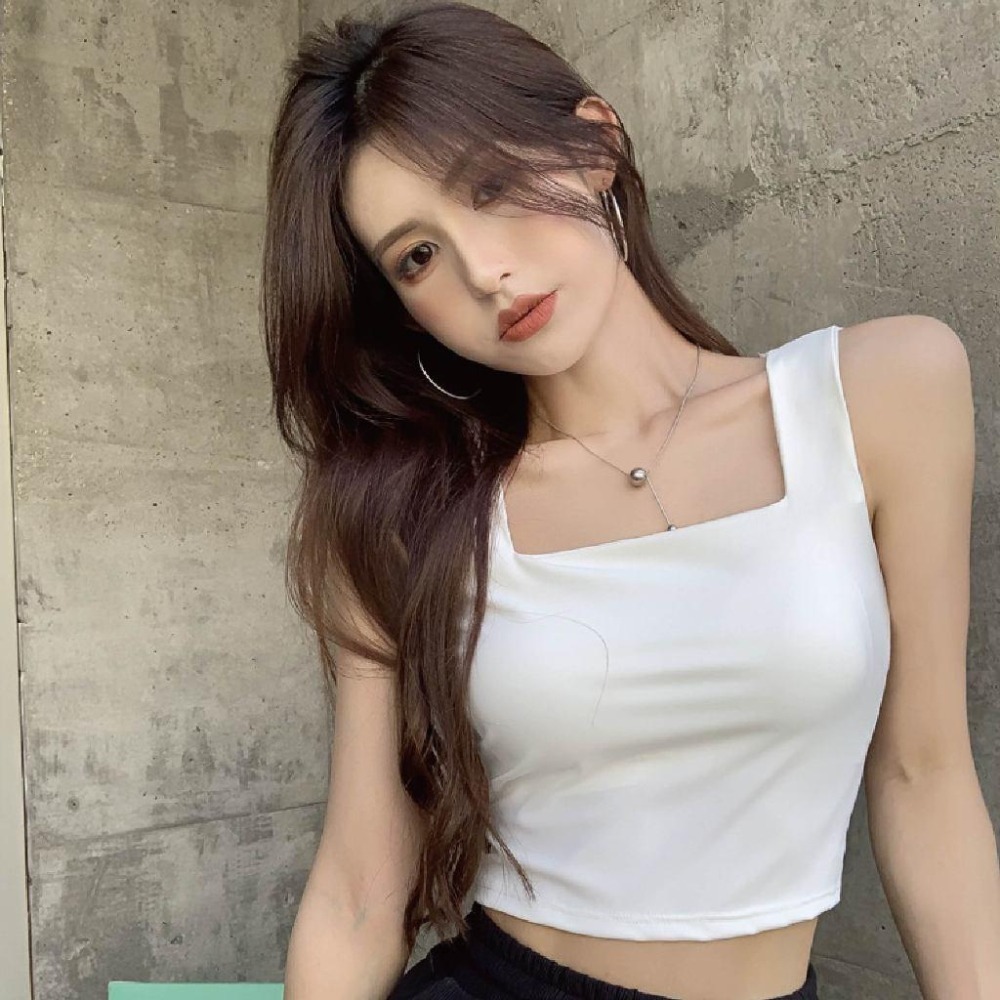 【Helena】冰絲方領背心 寬肩吊帶背心 胸墊運動外穿夏季內搭衣 露臍短款打底上衣 背心 上衣女【A172】-細節圖3